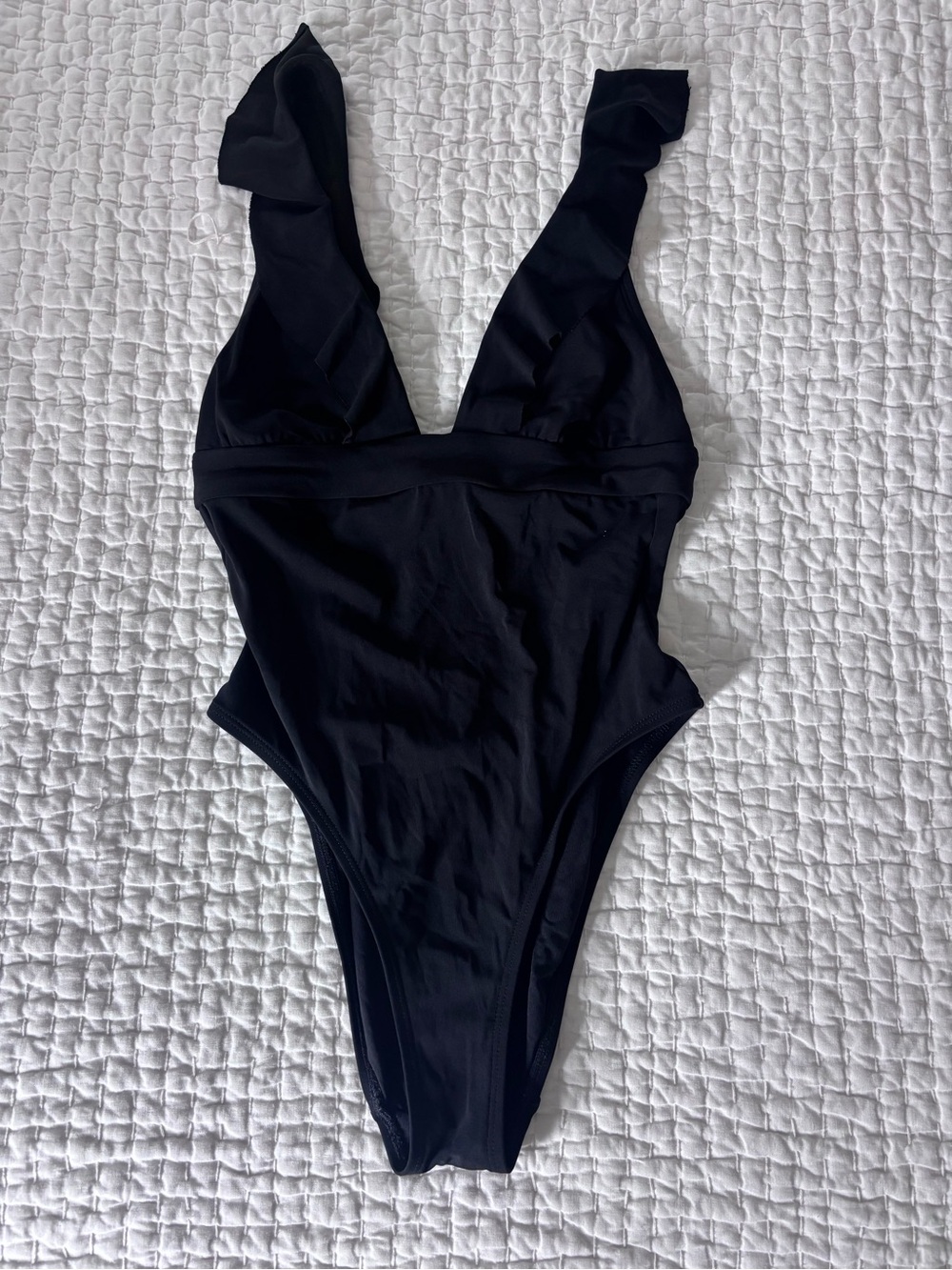 Robin Piccone Black One-Piece Swimsuit with Ruffle & Drawstring Detail
